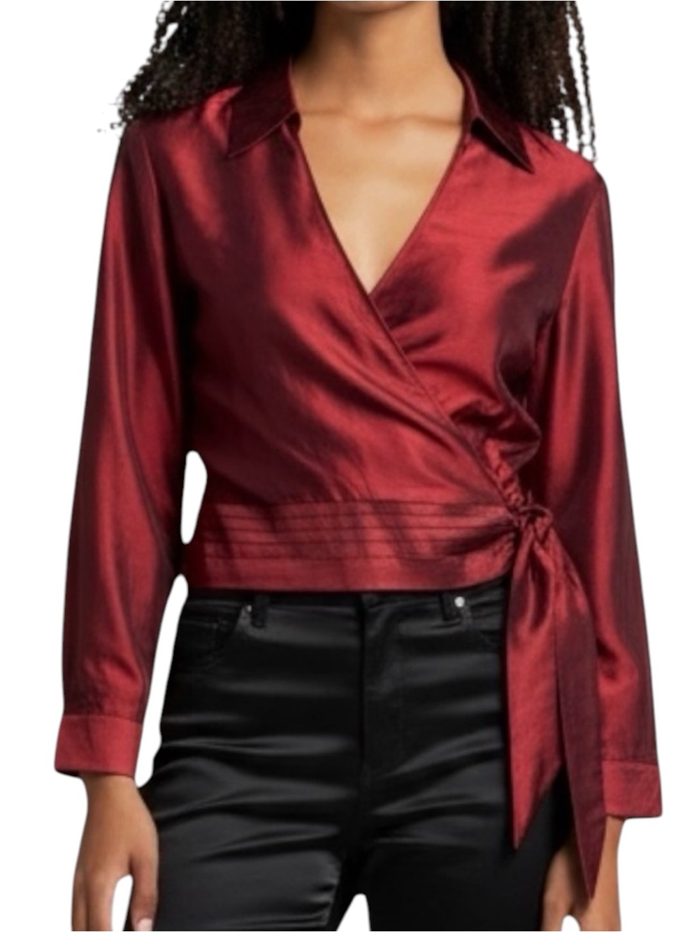 Coldwater Creek Metallic Brick Red Party Event Side Bow Tie Wrap Top NWOT Size M